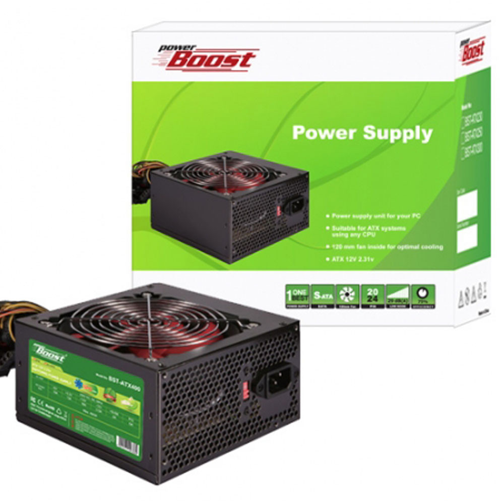 PowerBoost BST-ATX400R 400w, PPFC 12cm Siyah Fanlı ATX PSU Power kablo (Retail Box)  