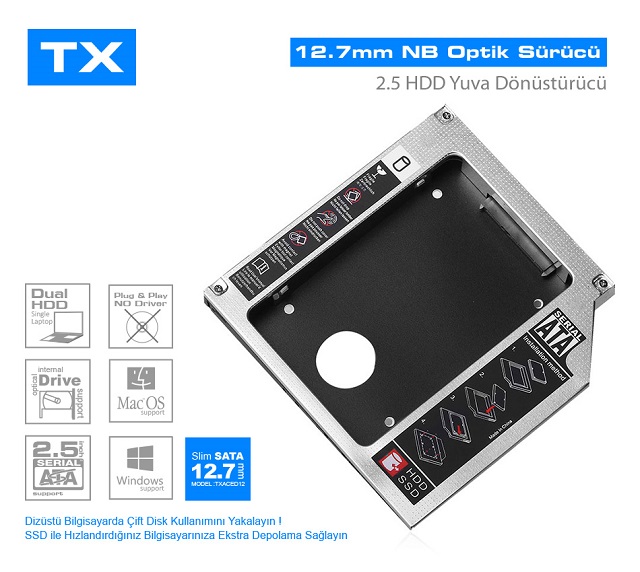 TX TXACED12 Notebook Optik Sürücü 12.7mm SATA Disk Yuvası Dönüştürücü